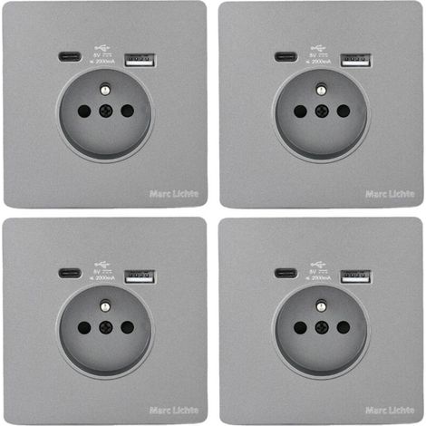 4pcs Prise Électrique Murale 16A avec USB et Type C, Multiprise Murale avec Verre Trempé, Prise USB Charge Rapide pour Smartphone, Tablette et Appareils Électriques, Gris (1/5)