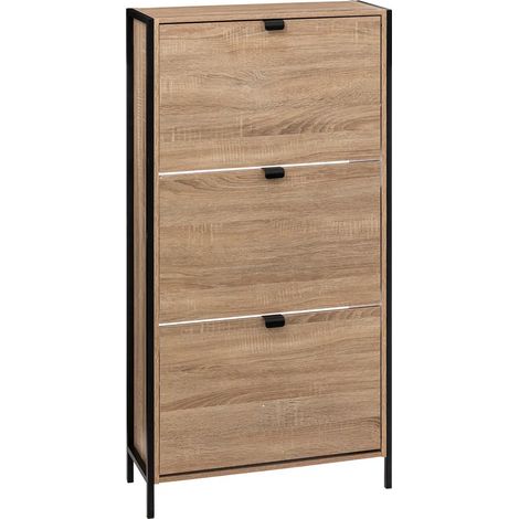 Pegane – Meuble à chaussures en panneaux de particules et métal noir – 3 tiroirs abattants – Dimensions 63.2 x 24 x 112 cm – Pour 18 paires (1/4)