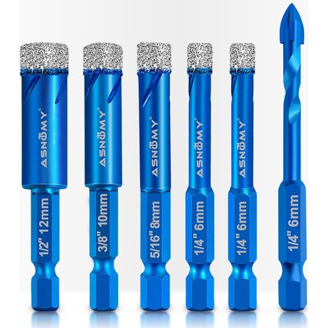 6Pcs Forets Mèches Diamant pour carrelage, 6/6/8/10/12mm Meche Carrelage avec foret diamanté en carbure de 6mm pour porcelaine, céramique, verre, pierres