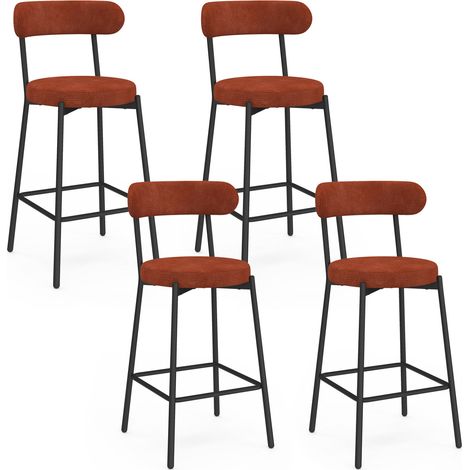 Set di 4 sgabelli da bar MIKI con schienale ricurvo in tessuto chenille color terracotta e gambe in metallo nero