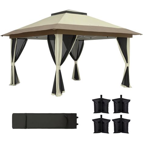 Tonnelle pliante 3,6 x 3,6 m avec parois en maille anti-UV50+, hauteur réglable, sac de transport à roulettes et sacs de lestage, couleur crème (1/5)