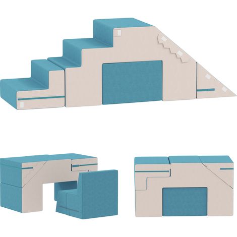 2-teiliges weiches Spielblöcke-Set für Kleinkinder, Kunstleder, Schaumstoff, zum Klettern, Bauen, Spielen, Beige+Blau