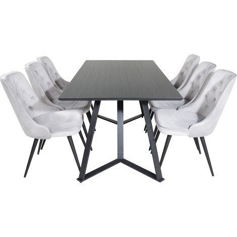 MarinaBLBL Essgruppe Esstisch schwarz und 6 Velvet Deluxe Esszimmerstühle Velour hellgrau.