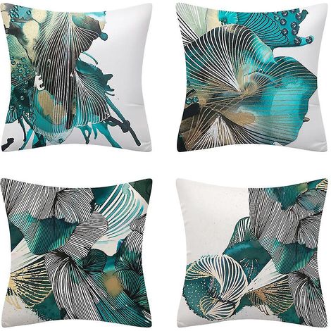 4 Pices De Housse De Coussin Papillon Peinte La Main Bleu-vert 45cm X 45cm, Taie D'oreiller Abstraite Peinte La Main Turquoise, Taie D'oreiller (1/5)