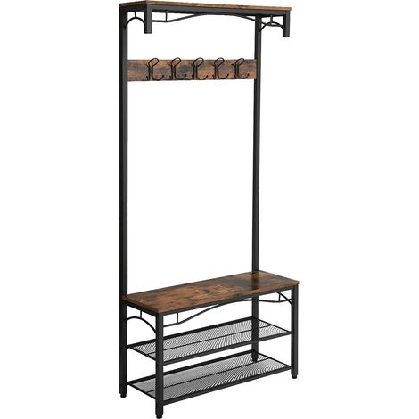 Helloshop26 – Portemanteau industriel avec banc et étagère à chaussures – 5 crochets – Panneau de particules et cadre en fer – Dimensions 80 x 32 x 178,5 cm (1/2)