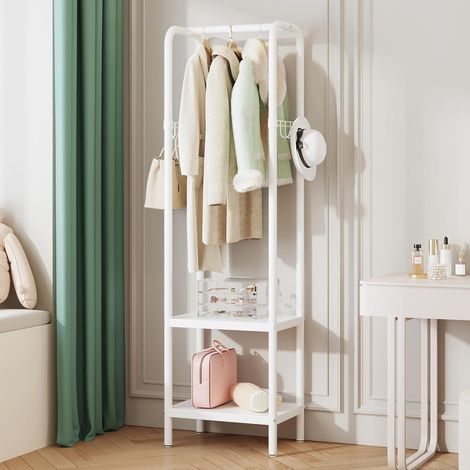 Petit porte-manteau en métal avec étagère et crochet, portant à vêtements autonome pour couloir, chambre, bureau, balcon, petit espace, entrée (Blanc) (1/5)