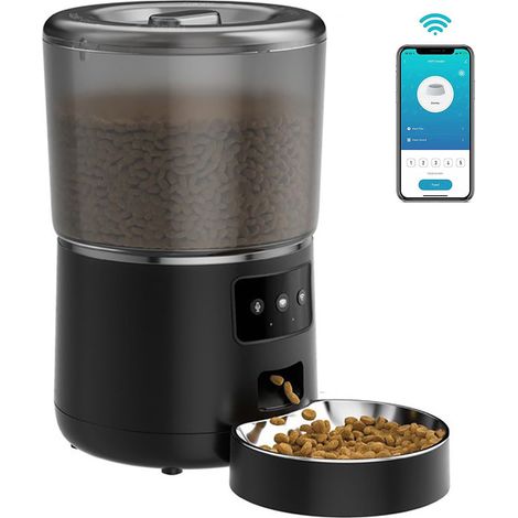 Dispensador automático de comida seca para perros y gatos, capacidad de 4 litros, con temporizador, Wi-Fi, control por app, doble alimentación, negro (1/5)