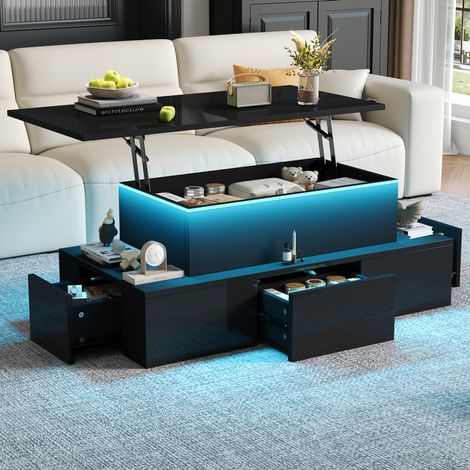 Mesa de centro elevable negra de MDF con 4 cajones y LED (1/5)