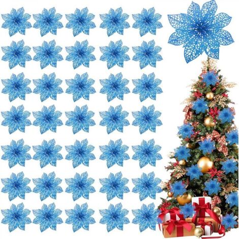 Set of 36 Sparkling Poinsettias for Christmas Decorations, 10 cm Artificial Silk Flowers for Christmas Wreaths, Party Decorations (Navy Blue) (1/5)