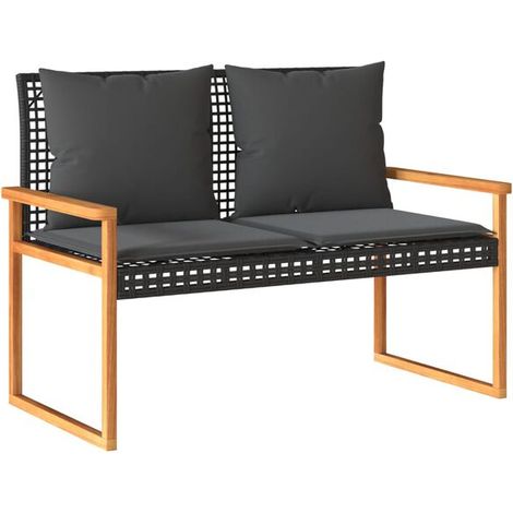 Banc de jardin avec coussins noirs, résine tressée et bois d'acacia (1/5)