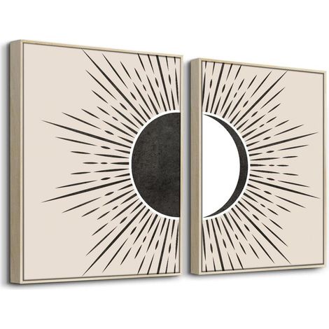 Wandbilder Boho Holz Rahmen Abstract Sonne und Mond 40L x 30B cm (1/5)