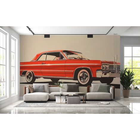 Papier peint voitures - coupé classique rouge sur fond crème - 150 x 250 cm (1/2)