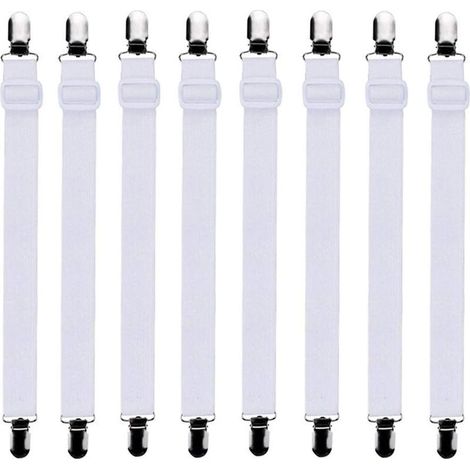 8-teiliges Set (30 cm bis 120 cm) verstellbare Spannbettlaken-Befestigungsbänder, passend für alle Betten und Matratzen, Weiß (1/5)