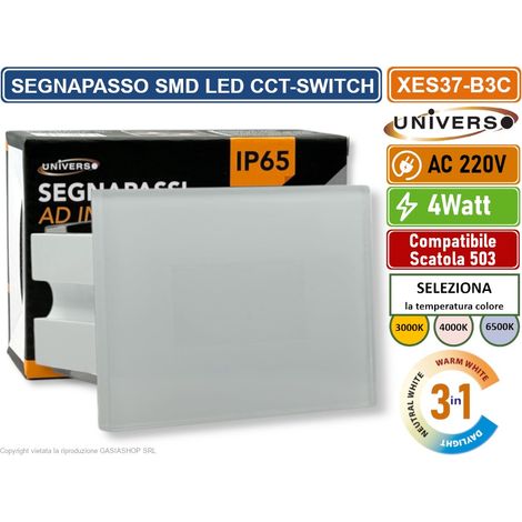 Punto luce LED segnapasso 4W – ES37B3C – Vetro satinato – IP65 – Luce selezionabile 3000K/4000K/6500K – Montaggio a incasso 503E – Universo (1/4)