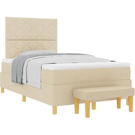 Matelas à ressorts avec tête de lit beige, 190 x 120 cm, recouvert de tissu. (1/5)