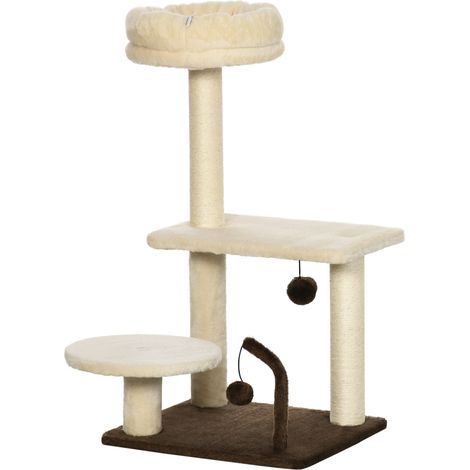 Arbre à chat avec poteau en sisal, perchoir et balles de jeu, en aggloméré et peluche, 44 x 38 x 81 cm