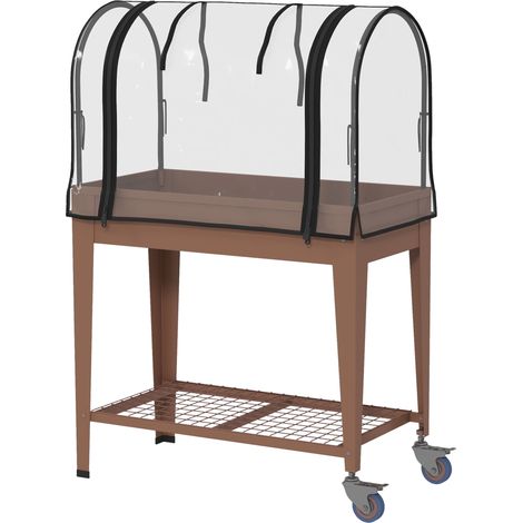 Jardinière surélevée avec mini-serre pour plantes, roulettes et étagère, 80 x 40 x 120 cm, marron