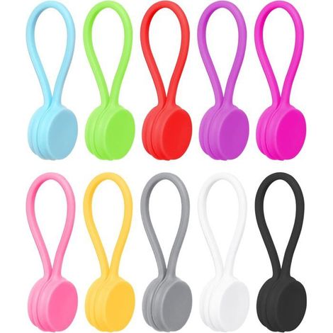 Lot de 10 attaches de câble magnétiques, en silicone, colorées, 11 cm, multi-usages. (1/4)