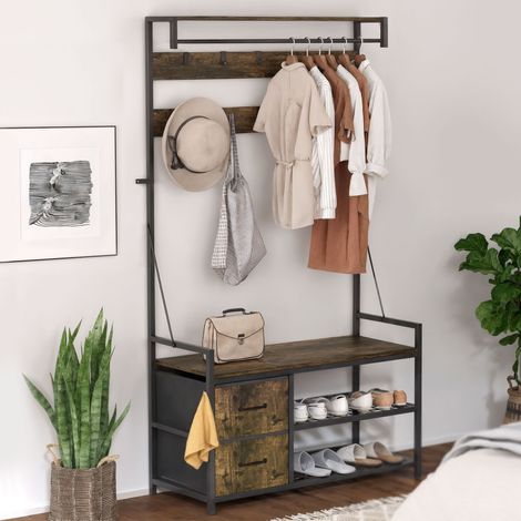 Porte-manteaux 6-en-1 avec porte-chaussures - métal - 2 tiroirs en tissu - 10 crochets - style industriel - marron - Idéal