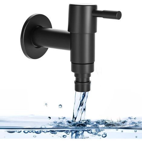 Robinet d'eau froide en acier inoxydable noir - Montage mural - Robinet d'eau froide G1/2 - Noir mat - Pour salle de bain, cuisine, balcon, machine à laver, jardin (court) (1/5)