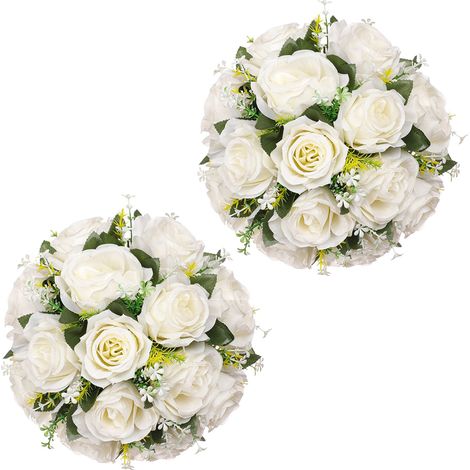Lot de 2 fleurs artificielles blanches pour table de mariage, décoration d'allée, fleurs en soie, décoration intérieure, fausses fleurs, roses, fleurs pour vitrine de fêtes (1/2)