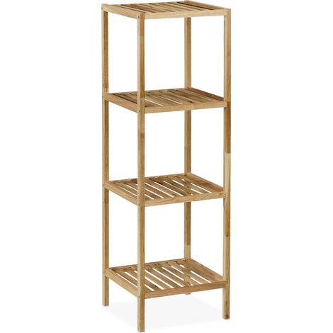Relaxdays Bathroom Shelf, Walnut Wood, HWD: 113x35.5x35.5 cm, Open Design, Square, Freestanding Storage Rack, Natural