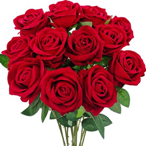 Roses Artificielles - Tige Longue 45 cm - Velours Rouge - Pour Bouquets Mariage Décoration Table Centre de Table DIY - 12 Pièces (1/5)