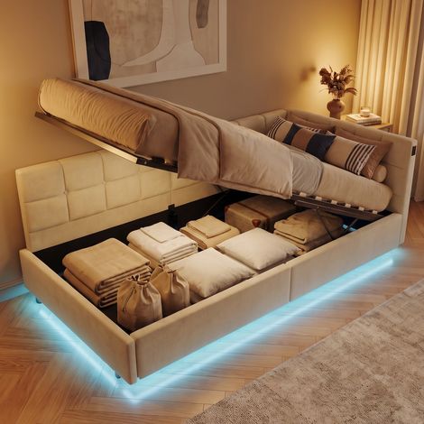 Letto singolo con contenitore 90x200 cm, Letto a divano con LED RGB e USB, in Velluto, Bianco crema (1/5)