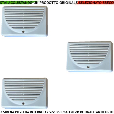 Sirena Interna Antifurto a Parete 3 Pezzi Diffusore Piezo Acustica 120 dB Morsetti Polarizzati Alimentazione 12 Vcc Assorbimento 350 mA Bitonale da 1500/4000 Hz Protezione Tamper Contenitore ABS IP32 (1/2)