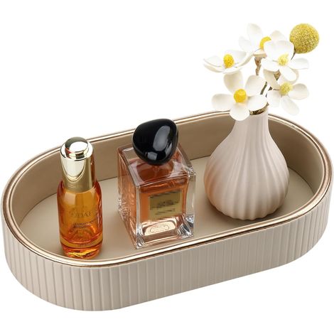 Plateau de Salle de Bain,Ovale Plateau Décoratif en Cuir Plateau à Bijoux Plateaux de Service Plateaux de Coiffeuse Vide Poche pour Salle de Bain,Coiffeuse,Toilette,Bougies,Cuisine(Beige) (1/5)