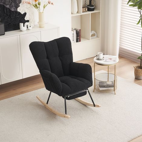 Silla de comedor mecedora con tela de peluche de osito de peluche cojines suaves y reposapiés retráctil negro (1/5)