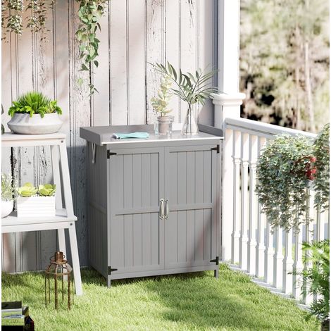 Armoire de jardin 74x43x88 cm grise en bois avec plan de travail inox et double porte (1/4)