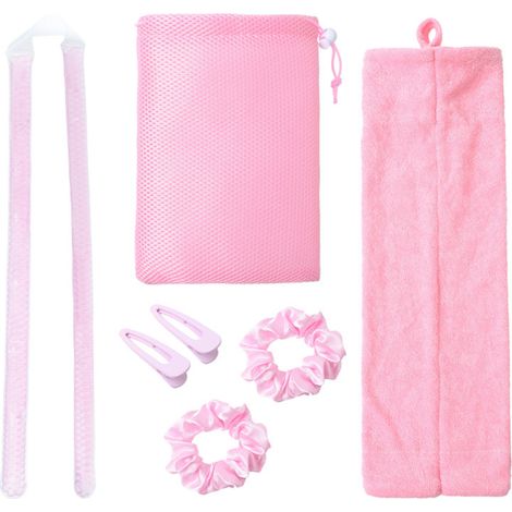 Kit de coiffage sans chaleur avec perles de gel, fer à friser, bigoudis de nuit, outils de coiffure DIY, élastiques, pinces et pochette de rangement pour cheveux mi-longs.