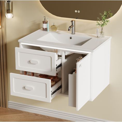 Meuble lave-mains suspendu en MDF laqué blanc avec vasque en céramique, LED à détecteur radar, 76x46x51 cm (1/5)