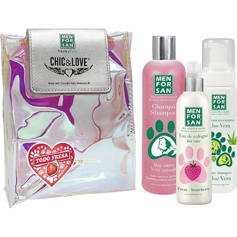 MENFORSAN Pacchetto di igiene e bellezza per gatti, shampoo per gatti molto delicato, 300 ml, olio di fragola per gatti 125 ml, shampoo schiumoso per cani e gatti 200 ml, ricco profumo di fragola (1/4)
