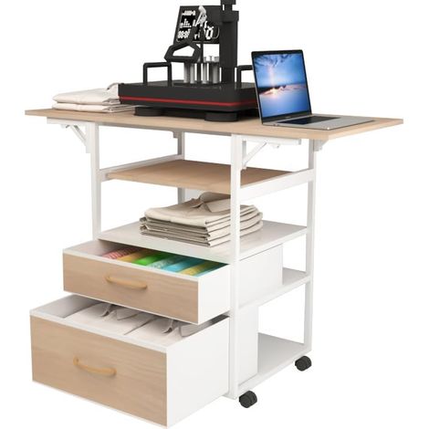 Table de presse à chaleur mobile avec tiroirs de rangement - Roues de verrouillage, support de presse à chaleur pliable avec plateau extensible pour magasin à domicile (1/5)