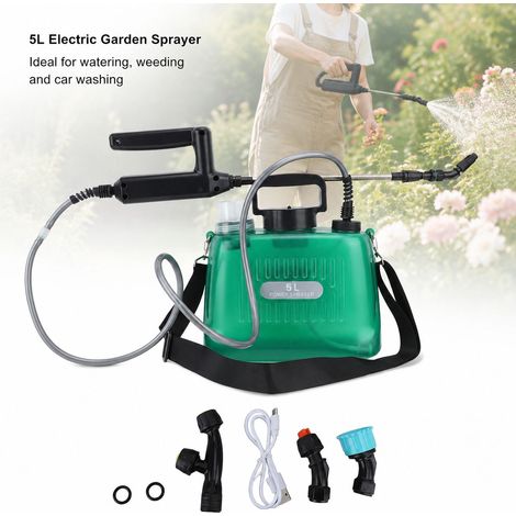 Spruzzatore elettrico da 5 litri - Senza fili, 2000 mAh - 4 ugelli - Spruzzatura automatica per giardino, diserbo e lavaggio auto (1/5)