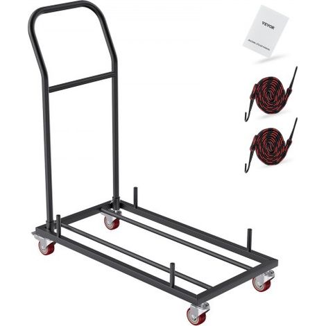 Chariot de chaise pliante, chariot commercial en fer capacité 12 chaises chariot à support chaises 4 roulettes, transport stockage de chaises empilables à plat en résine plastique et bois, noir (1/3)