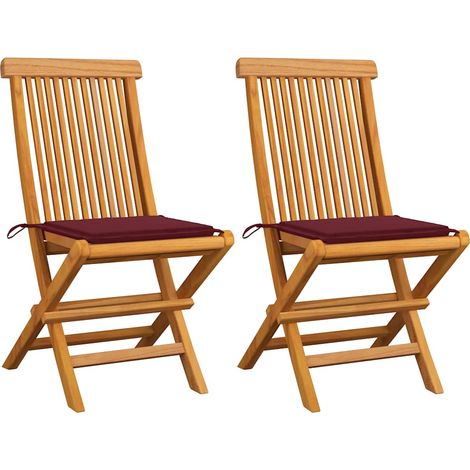 Chaises de jardin coussins rouge bordeaux lot de 2 Teck massif