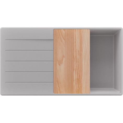 PRIMAGRAN Evier Cuisine en Granit 90x50cm,Lavabo 1 bac + Kit de Vidage + Planche à Découper, Évier à Encastrer au meuble 60cm - Copenhague, Gris (1/5)