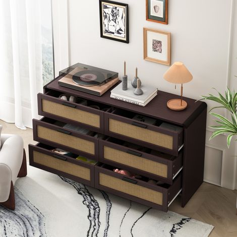 MEUBLIV Commode 6 tiroirs 130 x 40 x 74 cm brun rougeâtre avec façades effet rotin (1/5)