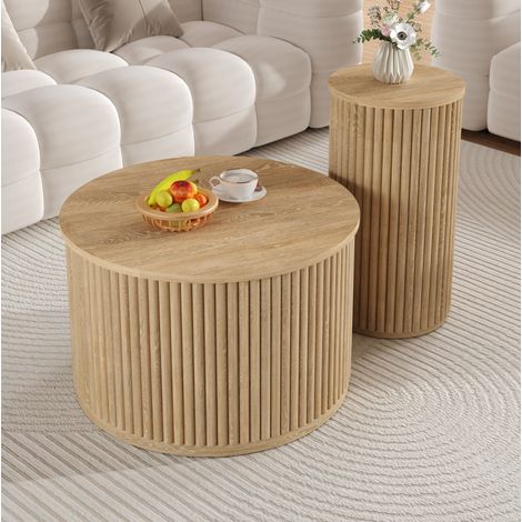 Lot de 2 tables basses rondes avec design arrondi, couleur bois naturel, pour salon et chambre (1/5)