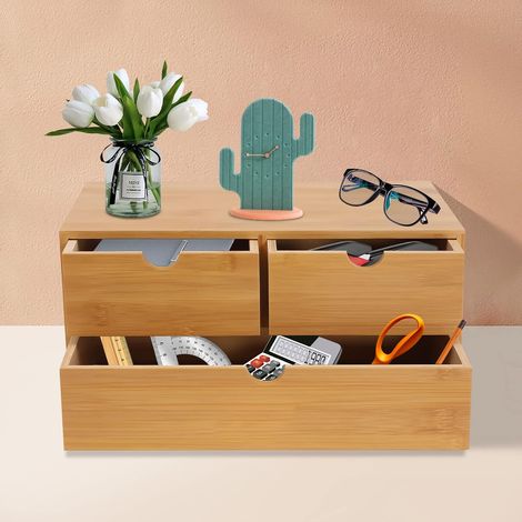Organizador de escritorio de bambú con 3 cajones, organizador de escritorio para guardar colecciones de cosméticos, artículos de tocador y suministros de oficina, organizador de mesa (1/5)