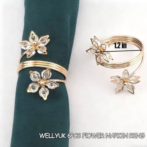 Set mit 6 hohlen, blütenförmigen Serviettenringen mit Clips zur Tischdekoration (gold) (1/5)