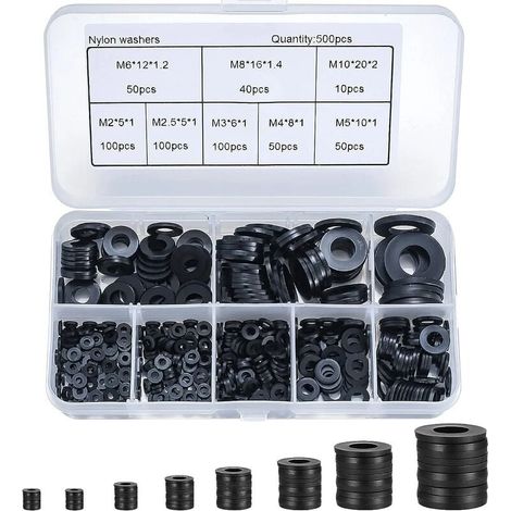 500 Pièces Rondelles Plates Nylon Noir, Rondelles Plates Isolation Rond Joint Spacer Joint Plomberie Assortiment Kit- M2/M2.5/M3/M4/M5/M6/M8/M10-LIAIKI (1/5)