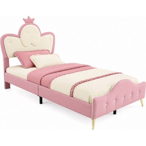 Lit rembourré enfant 90x200 avec LED, tête de lit couronne rose, bords doux et structure bois et métal, blanc rose, matelas recommandé 21 cm - CHICFURN (1/5)