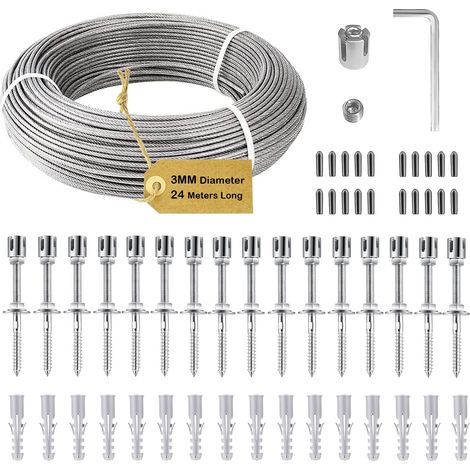 Tuteur en acier inoxydable pour plantes grimpantes - Kit complet en acier inoxydable - Avec supports muraux et câble en acier de 3 mm - Pour jardin, mur, clôture (12 m + 8 mandrins croisés) (1/5)