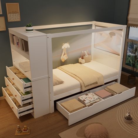 Lit enfant simple 90×200 cm pin+PB blanc/naturel,protection anti-chute,rampe,placard 5 tiroirs,roulettes,grand rangement