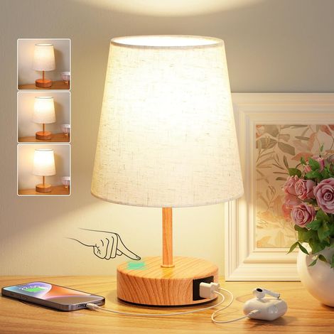 Lampe de Chevet Tactile avec Ports de Charge USB-C+A, Intensité Variable à 3 Voies, Abat-jour en Lin Base en Bois Foncé, Petite Lampe de Table pour Chambre Salon D'enfant Bureau (1/4)
