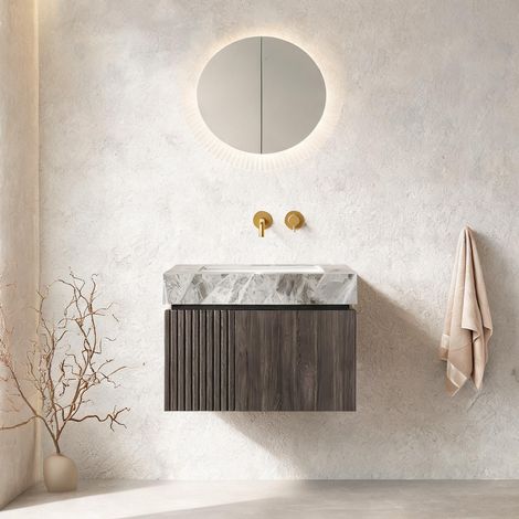Meuble sous vasque suspendu 61 cm gris neutre et pierre frittée (1/5)